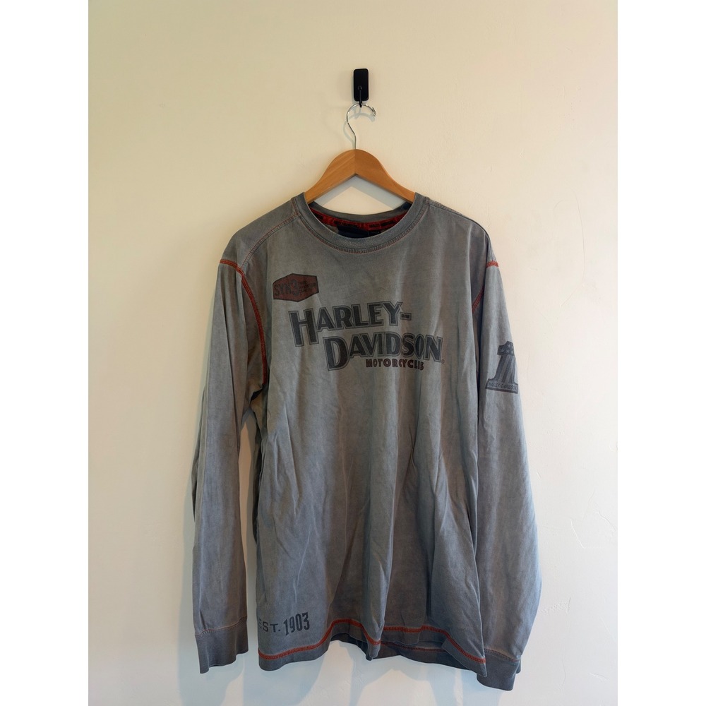 Harley Davidson Mens Long Sleeve Shirt Gray Orange Contrast Stitch Eagle XL